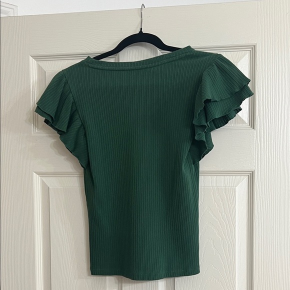 LOFT Dark Green Ruffle Sleeve Ribbed Top - Picture 5 of 5